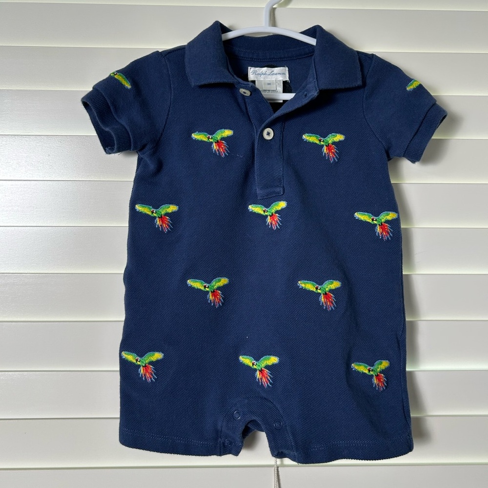 Ralph Lauren Navy Blue Embroidered Parrot Baby Romper